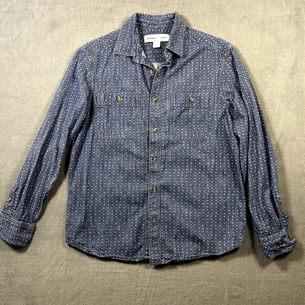 Old Navy Shirt Women's Blue Chambray Button Front Star‎ Print Casual Size S